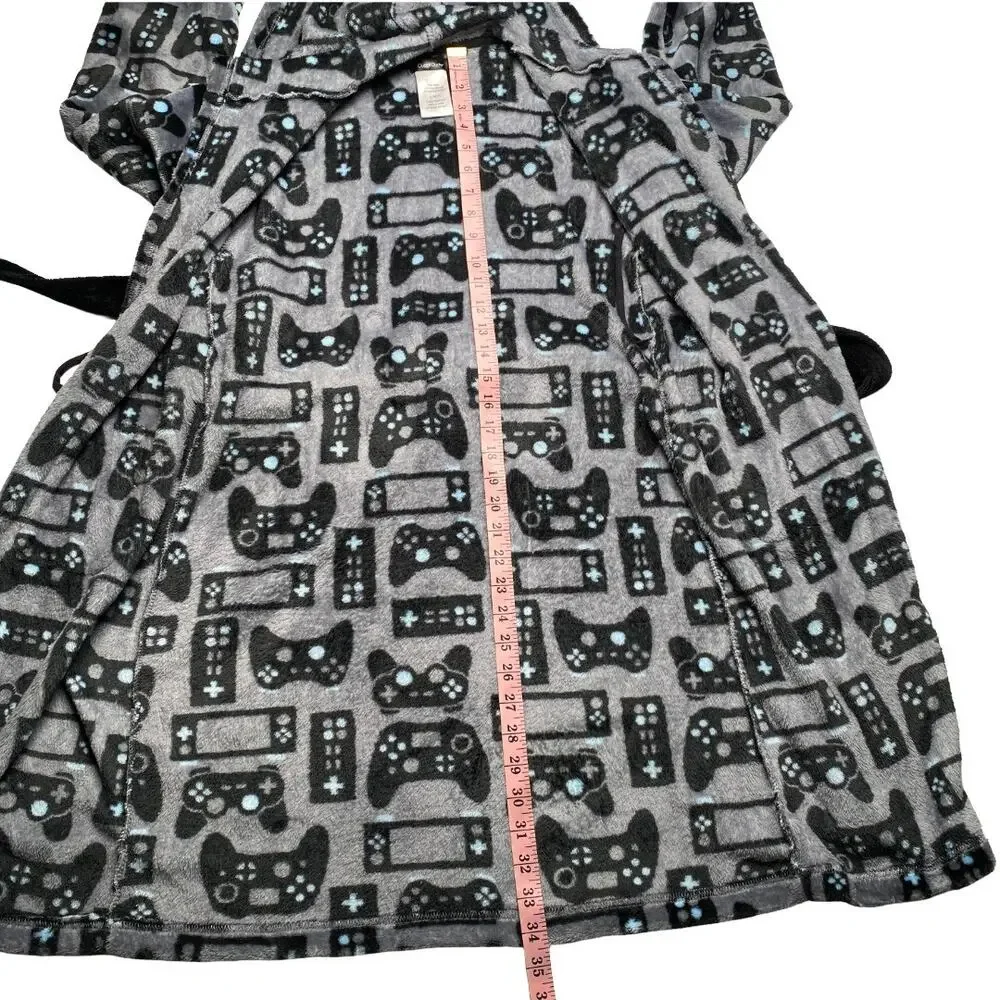 Cuddl Duds Boys Hooded Fleece Robe Gamer Print Size 14 16 Gray Tie Belt